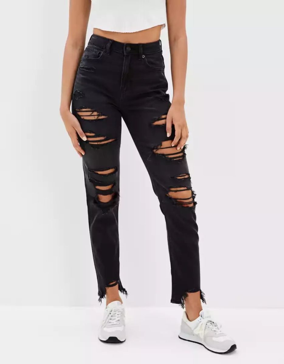 Jean American Eagle AE Strigid Ripped Mom Noir Femme | KDI-09375505